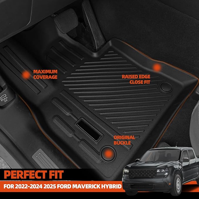 Custom Fit Floor Mats for 2022-2024 2025 Ford Maverick Hybrid, All Weather TPE Floor Liners, Odorless Full Set Interior Accessories