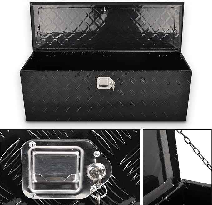 44 Inch Black Aluminum Tool Box 5 Bar Tread ToolBox Flatbox for Truck Bed Car Outdoor Trailer Pickup Underbody RV ATV Storage Underbed Tools Organizer with Lock and Keys(44"X15"X15")