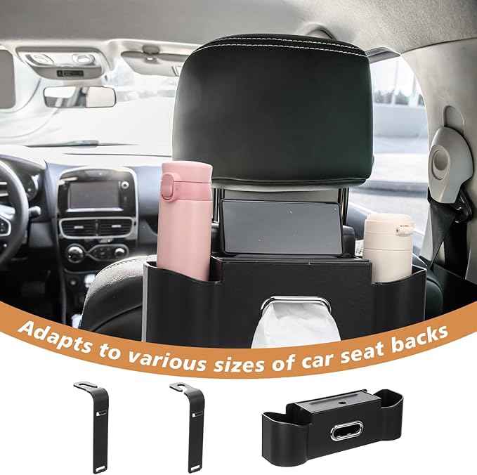 LemonRoad 2 Pack Multifunctional Car Seat Back Storage Box Car Seat Back Organizer with Tissue Box, 2 Cup Holders and Hooks for Hold Phone, Drinks, Handbag, Fits for Most Vehicles(Black)