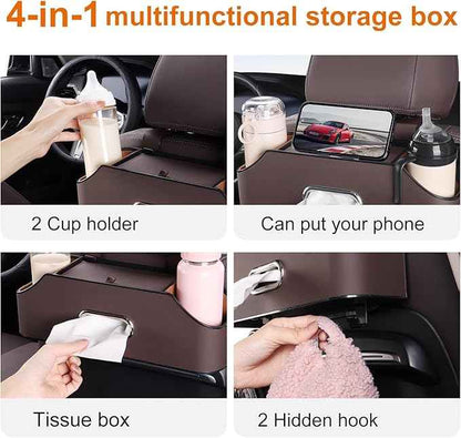 Car Rear Backseat Extra Multifunctional Drink Cup Holder Organizers with Tissue Storage Box Organizer & Hooks for Car Seat Back (Brown)