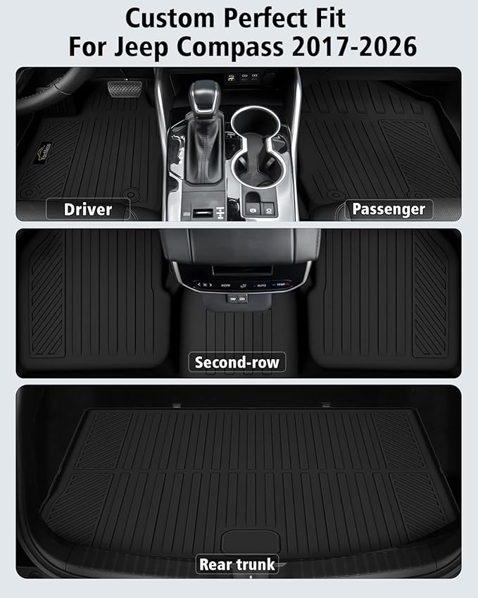 Floor Mats & Cargo Liner Custom Fit for Jeep Compass 2017-2025 2026, Door Sill Guards, All Weather TPE Rubber Anti-Slip 1st & 2nd Row & Trunk Mat Floor Liners for Compass 2025 Accessories
