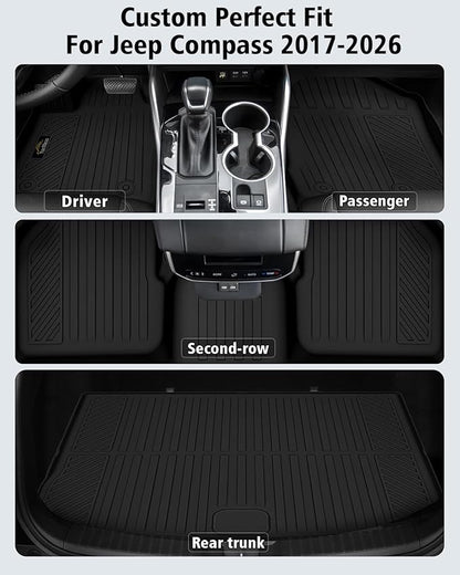 Floor Mats & Cargo Liner Custom Fit for Jeep Compass 2017-2025 2026, Door Sill Guards, All Weather TPE Rubber Anti-Slip 1st & 2nd Row & Trunk Mat Floor Liners for Compass 2025 Accessories