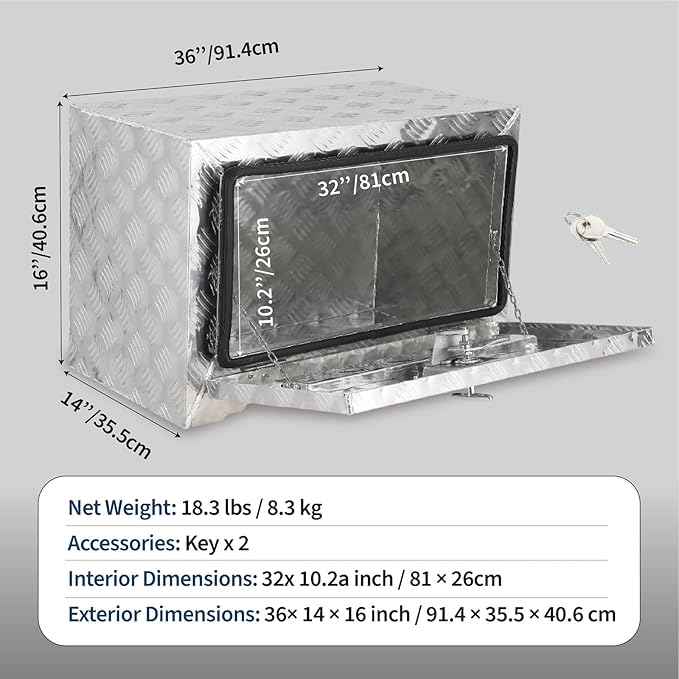 Garvee 36"x14"x16" Underbody Truck Tool Box - Heavy Duty Aluminum Diamond Plate Lockable Storage Box with T-Handle Latch & Keys, Waterproof Pickup Trailer Van Under-Vehicle Cargo Box, Silver
