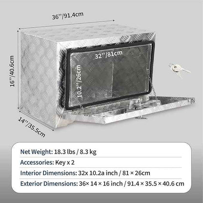 Garvee 36"x14"x16" Underbody Truck Tool Box - Heavy Duty Aluminum Diamond Plate Lockable Storage Box with T-Handle Latch & Keys, Waterproof Pickup Trailer Van Under-Vehicle Cargo Box, Silver