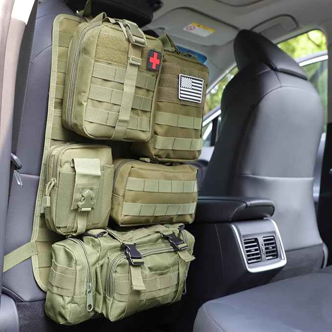 tactical car seat back organizer and storage truck seat covers with a Molle Vehicle Panel and 5 Different Size Molle Pouches for most models such as Jeep,SUV,Pickup (Army green)
