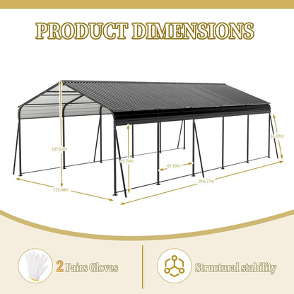 13x26.5 FT Metal Carport, Heavy Duty Car Port Canopy with Galvanized Steel Roof & Frame, Oversized Metal Carport Kit with Hooks, Steel Car Shelter, Outdoor 2 Car Garage for Car, Boat, Truck, Dark Gray