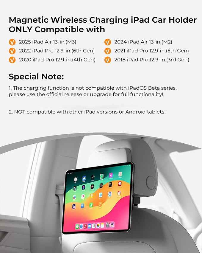 KUXIU Magnetic Wireless Charging Car Headrest Tablet Holder for iPad Pro 12.9/Air 13 M2/M3, Tablet Car Back Seat Mount with Air Vent Stand,Road Trip Essentials Holder for iPad Pro 12.9 3rd/4th/5th/6th