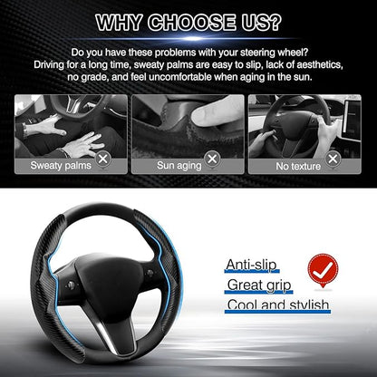 Steering Wheel Cover for Telsa Model 3/Model Y Accessories Carbon Fiber Steering Wheel Cover Protector Anti-Slip, Comfortable Grip, Breathable, Model 3/Y Accessories, Black