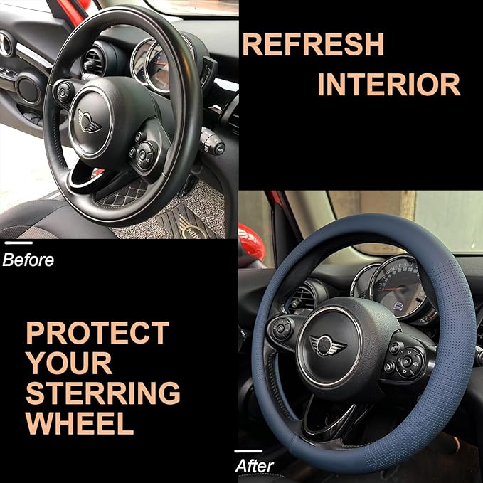 PINCTROT Nappa Leather Steering Wheel Cover, Slim Fit No Bulk Design, One Piece Leather with Breathable Perforation, Fit Like Gloves, Universal 14.5-15 Inch(Nappa Smoky Blue)