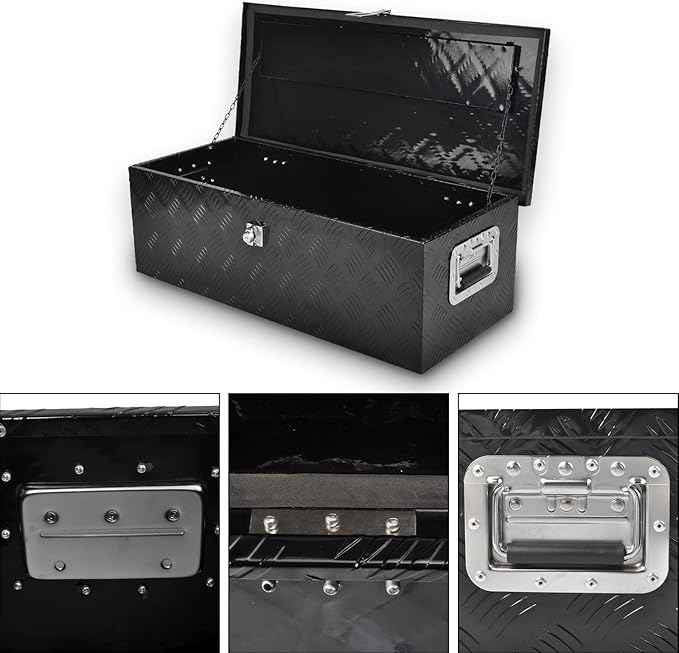 30 Inch Black Aluminum Tool Box 5 Bar Tread Chest Box Flatbox for Truck Car Outdoor Trailer Pickup Underbody RV ATV Storage Bed ToolBox w/Lock Side and Keys(30"X13"X10"),Black-30 Inch