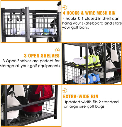 SNAIL Golf Bag Garage Storage Organizer Extra Large Size Golf Bag Rack Stand Holder Fits 2 Golf Bags and Other Golfing Equipment Accessories, Metal Black Golf Club Storage for Garage Shed and Basement