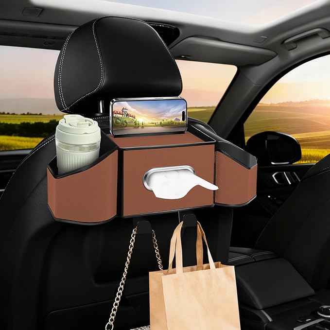 7-In-1 Car Seat Back Organizer with Cup Holders, Tissue Box, Garbage Can&Hooks, Multifunctional Headrest Storage Organizer, Headrest Cup Holder for Backseat, Car Accessories for Trips, Travels(Brown)