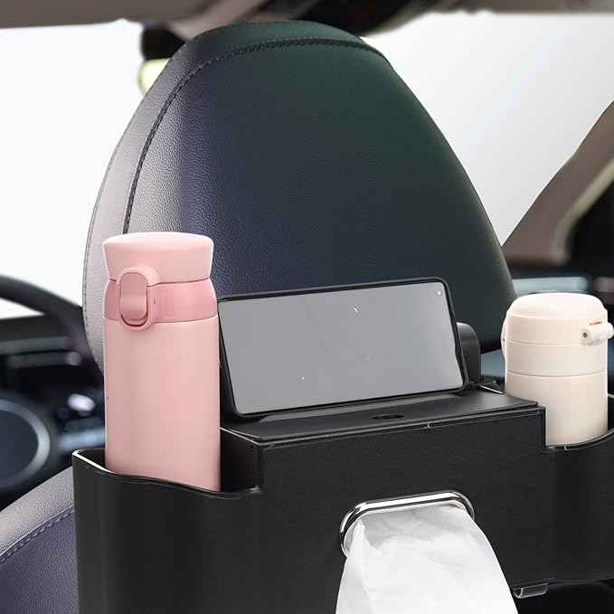 LemonRoad 2 Pack Multifunctional Car Seat Back Storage Box Car Seat Back Organizer with Tissue Box, 2 Cup Holders and Hooks for Hold Phone, Drinks, Handbag, Fits for Most Vehicles(Black)