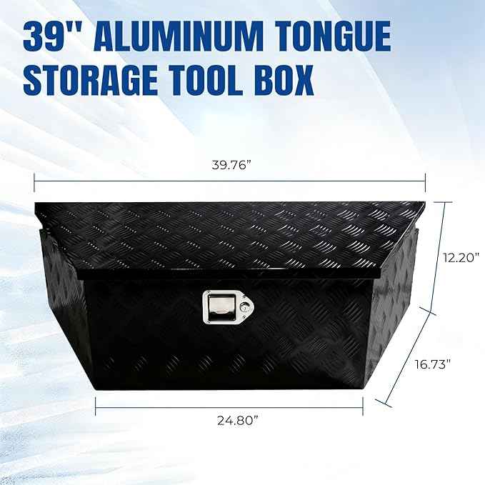 YESHMA 39" x 12" x 16.5" Trailer Tongue Tool Box Heavy Duty Aluminum with Latch and Keys Trailer Toolbox Organizer Truck Underbody Box Compatible with Pick Up Truck Bed RV Trailer ATV Black