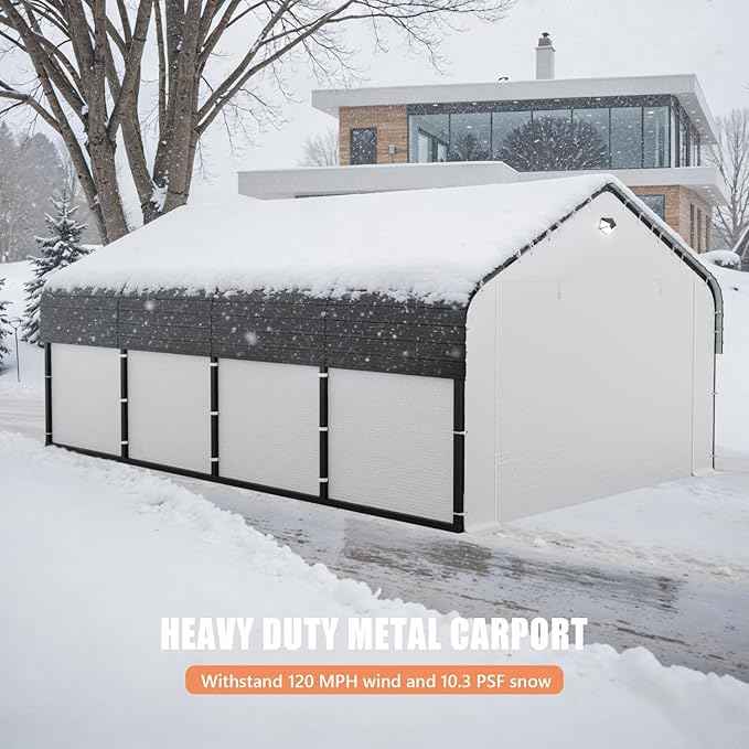 Carports 12x20 Heavy Duty Metal for Snow, Fully Enclosed Carport with Removable Sidewalls and Drive Through Doors