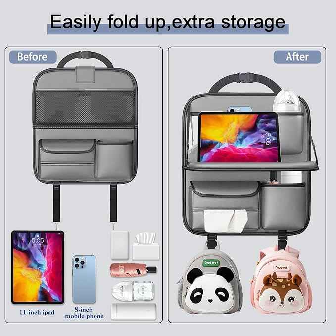 2 Pack Back Seat Car Organizer with Fold-Out Tray - Upgraded with Nappa Leather, Travel Tray for Kids, Foldable Car Desk, Includes Tissue Dispenser & Waterproof Pockets, Grey
