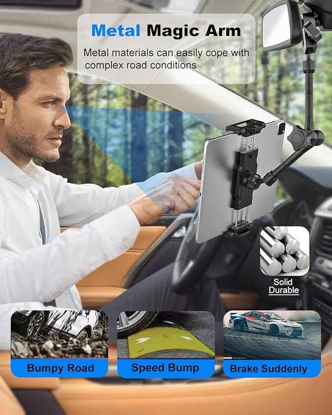 Rearview Mirror Tablet Holder for Car [Metal Magic Arm] Universal Metal Clip Rear View Mirror Tablet Mount, Rear View Mirror Phone Holder for 5.5-15.6” iPad Pro/Air/Mini, Galaxy Z, iphone16