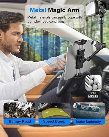Rearview Mirror Tablet Holder for Car [Metal Magic Arm] Universal Metal Clip Rear View Mirror Tablet Mount, Rear View Mirror Phone Holder for 5.5-15.6” iPad Pro/Air/Mini, Galaxy Z, iphone16