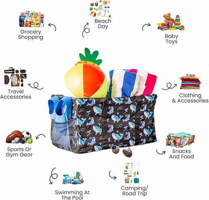 Extra Large Utility Tote Bag - Oversized Collapsible Reusable Wire Frame Rectangular Canvas Basket With Two Exterior Pockets For Beach, Pool, Laundry, Car Trunk, Storage - Whale