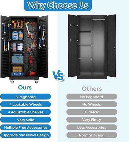 Aobabo Lockable Metal Storage Cabinet with 4 Adjuatable Shelves,Garage Storage Cabinet with Wheels and 5 Remove Pegboard,Required Assembly,Black,70.87''H*31.5''W*15.75''D