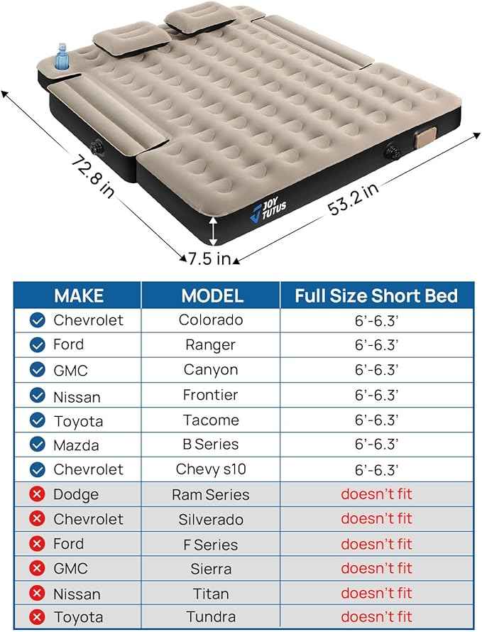 JOYTUTUS 6.0-6.3Ft Truck Bed Air Mattress with Built-in Air Pump, Compact Regular Truck Beds,Anti-Leakage,Inflatable Pickup Mattress,Compatible with Tacoma&Ranger&Frontier&Gladiator,Camel&Black