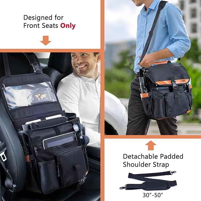 Car Seat Organizer with Lid and Laptop Compartment (Fits 15.6"), Front Seat Passenger Organizer with Adjustable Strap, Multiple Pockets, Portable Office Bag, Water-Resistant 1200D Polyester