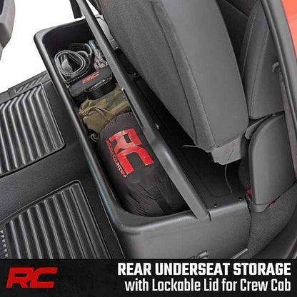 Rough Country Under Seat Storage for Chevy Silverado & GMC Sierra 1500/2500HD/3500HD Crew Cab (2019-2026) - Custom Rear Under Seat Organizer Tray with Lockable Lid