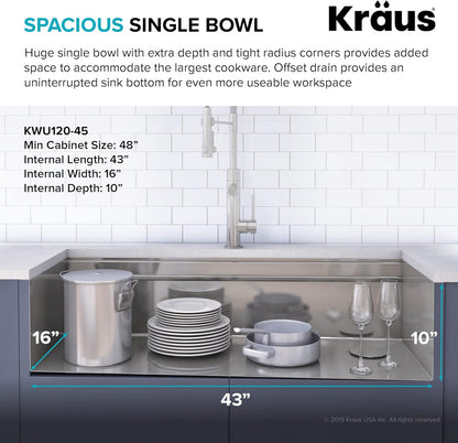 KRAUS Kore Workstation 45-inch Undermount 16 Gauge Stainless Steel Kitchen Sink, Single Bowl Kitchen Sink with Accessories, KWU120-45