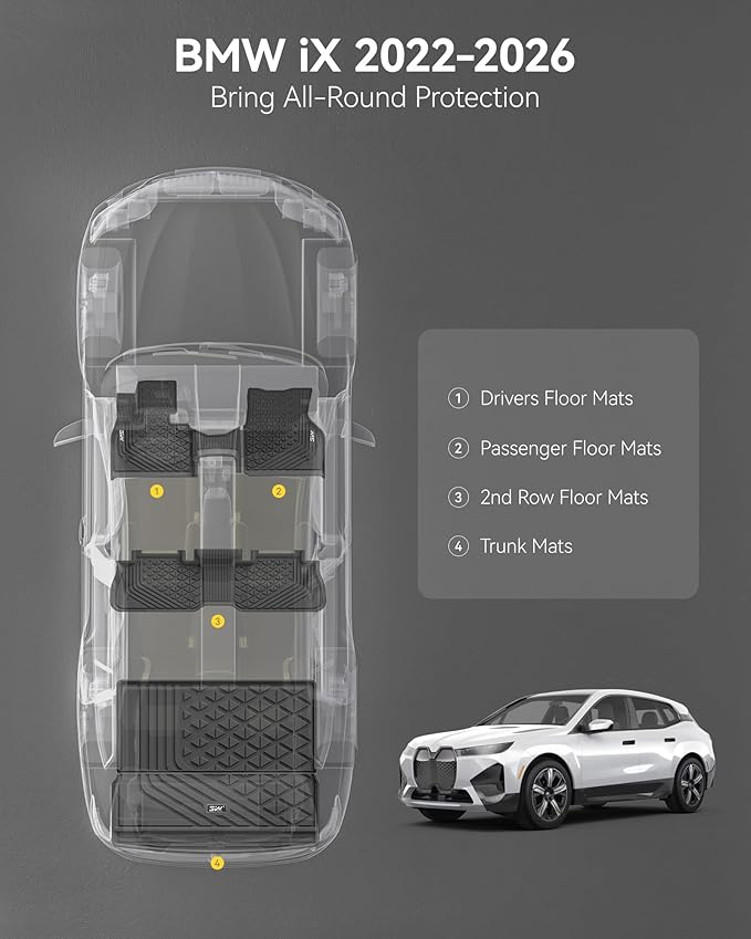 3W BMW iX Floor Mats & Cargo Liner 2022 2023 2024 2025 2026, xDrive45/50/60 M60 M70, All Weather TPE Custom Fit Floor Liner, 1st 2nd Rows & Trunk Mat Full Set Car Accessories