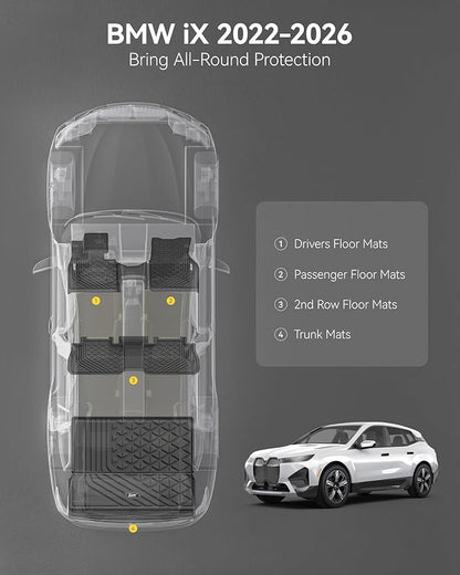 3W BMW iX Floor Mats & Cargo Liner 2022 2023 2024 2025 2026, xDrive45/50/60 M60 M70, All Weather TPE Custom Fit Floor Liner, 1st 2nd Rows & Trunk Mat Full Set Car Accessories
