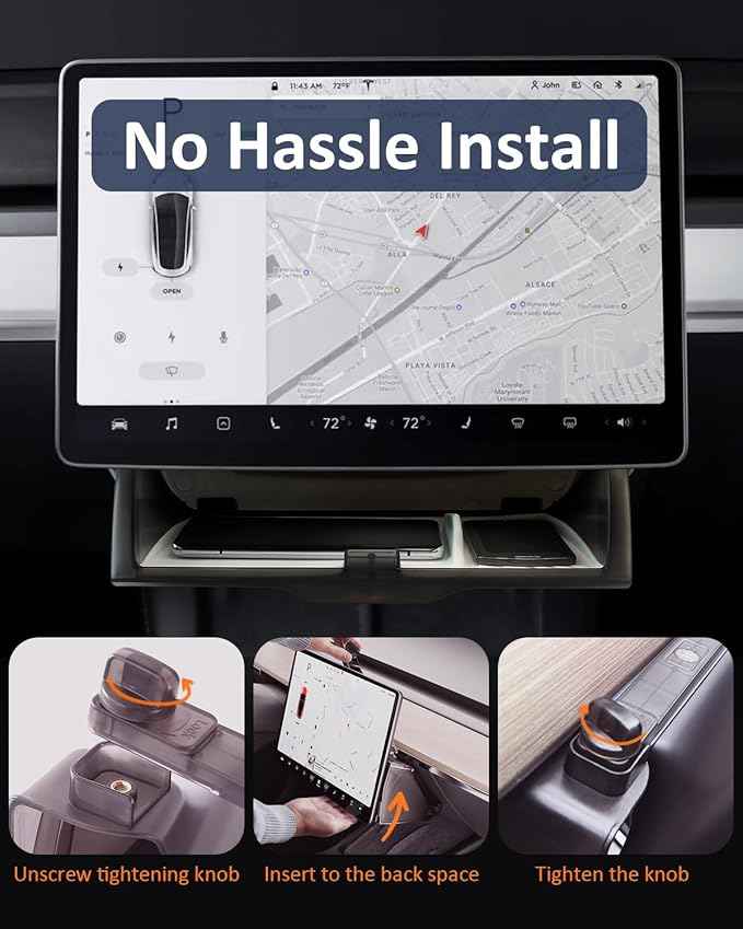 Under Screen Storage Organizer for Tesla Model Y Model 3 Accessories(include Juniper & Highland), Rattle-Free Push Latch Mechanism Perfect Fit, Tissue Dispenser, Hidden for Personal Valuables