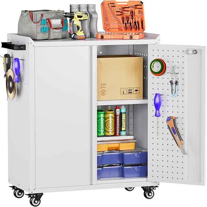 Aobabo 31.5" H Garage Storage Cabinet with Wheels,Lockable Metal Storage Cabinet with 2 Doors for Garage Home Office Storage,White,Assembly Required