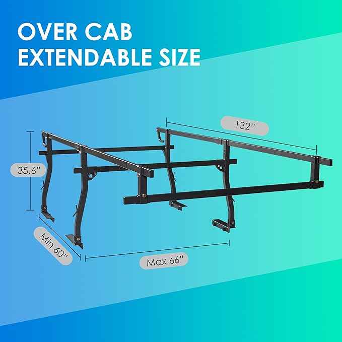 POLESTAR Full Size Steel Truck Ladder Rack, 1000lbs Universal Over-Cab Truck Bed Rack, 45 to 66inch Adjustable Non-Drilling Pickup Contractor Trailer Ladder Rack for Pickup Truck Kayak, C-Clamp Design