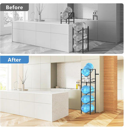 2-In-1 5 Gallon Water Jug Holder, 5 Tier Water Jug Stand Holder with 1 Dispenser Valves, 5 Gal Water Bottle Storage Rack Organizer for Kitchen, Office, Garage