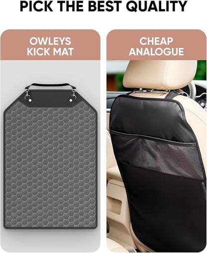 Owleys Kick Mat Back Seat Protector - Car Back Seat Cover for Kids Feet - Waterproof & Sturdy Protector for Upholstery from Dirt, Mud, Scratches and Stain (Gray)