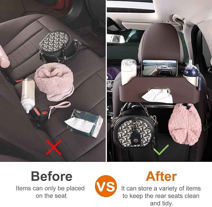 Car Rear Backseat Extra Multifunctional Drink Cup Holder Organizers with Tissue Storage Box Organizer & Hooks for Car Seat Back (Brown)