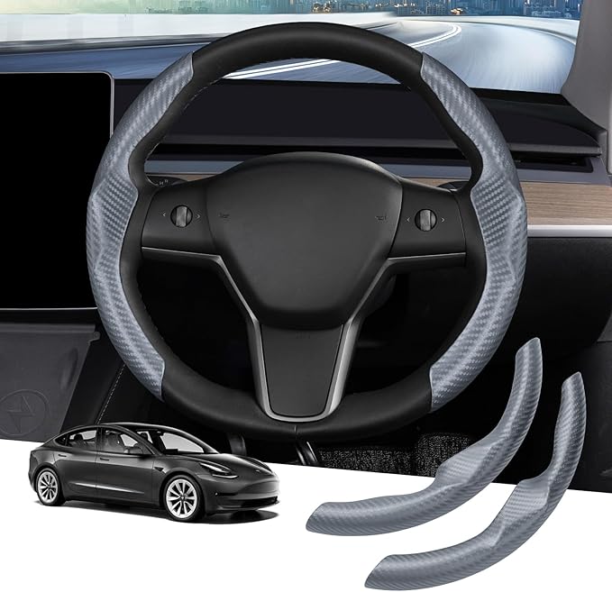 Steering Wheel Cover for Telsa Model 3/Model Y Accessories Carbon Fiber Steering Wheel Cover Protector Anti-Slip, Comfortable Grip, Breathable, Model 3/Y Accessories, Grey