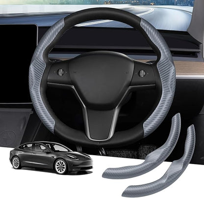 Steering Wheel Cover for Telsa Model 3/Model Y Accessories Carbon Fiber Steering Wheel Cover Protector Anti-Slip, Comfortable Grip, Breathable, Model 3/Y Accessories, Grey