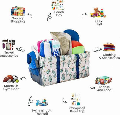 Extra Large Utility Tote Bag, Oversized Collapsible Reusable Wire Frame Rectangular Canvas Basket With Two Exterior Pockets For Beach, Pool, Laundry, Car Trunk, Storage - Cactus White