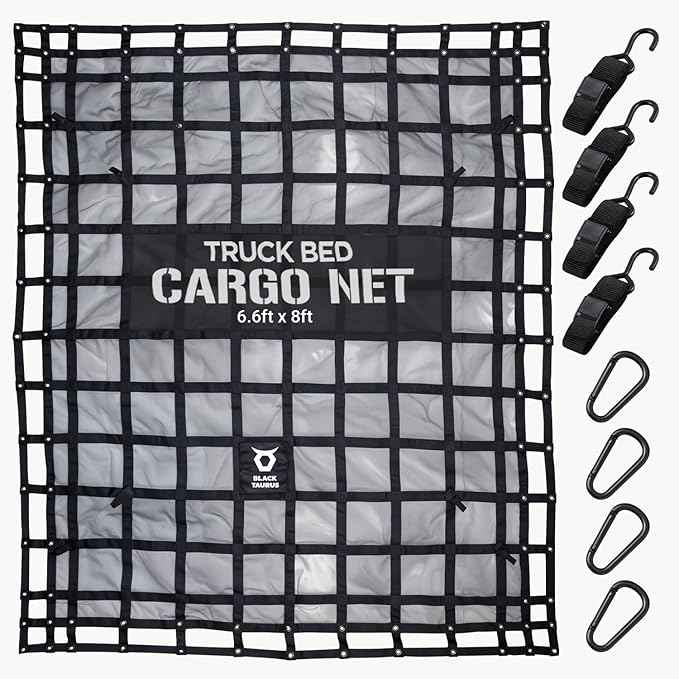 Heavy Duty Mesh Cargo Net – Stretchable Mesh Cargo Net for Trailer, Roof Rack, Pickup Truck, and ATV - Truck Bed Netting for Secure Load with 4 Adjustable Straps - 6.75 ft x 8 ft