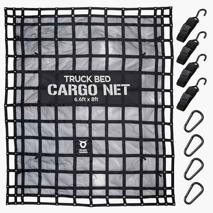 Heavy Duty Mesh Cargo Net – Stretchable Mesh Cargo Net for Trailer, Roof Rack, Pickup Truck, and ATV - Truck Bed Netting for Secure Load with 4 Adjustable Straps - 6.75 ft x 8 ft