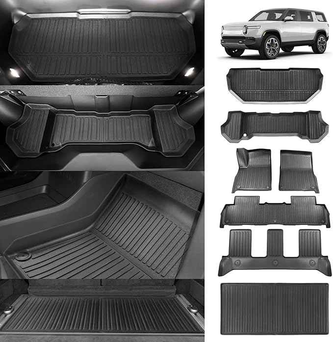 BestEvMod Compatible with Rivian R1S All Weather Cargo Liners Frunk Mat&Floor Liners&Trunk Mat Set Anti-Slip 3D Pattern TPE Waterproof Non-Slip 2022-2024 Accessories (R1S-Frunk+Floor+Trunk)
