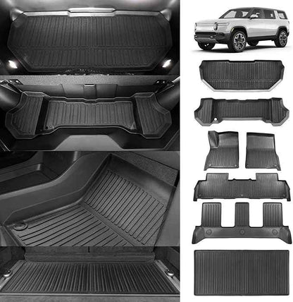 BestEvMod Compatible with Rivian R1S All Weather Cargo Liners Frunk Mat&Floor Liners&Trunk Mat Set Anti-Slip 3D Pattern TPE Waterproof Non-Slip 2022-2024 Accessories (R1S-Frunk+Floor+Trunk)