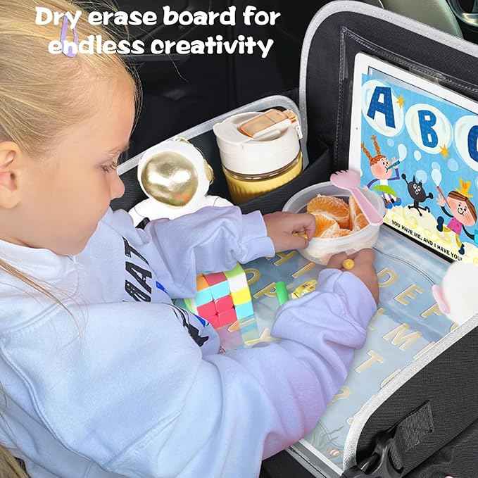 MENZOKE Kids Travel Tray for Toddler Car Seat, Toddler Gift for Boy Activities with Dry Erase Board & iPad Holder Stand, Road Trip Essentials Accessories Lap Tray for Boy as Birthday Gift, Black