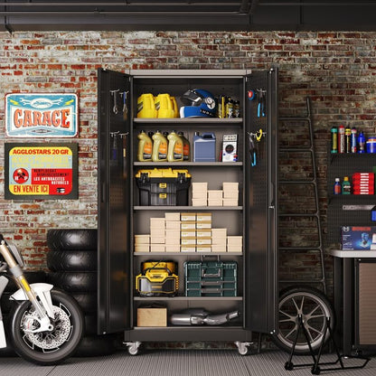 Metal Garage Storage Cabinet with Wheels and Door Pegboard