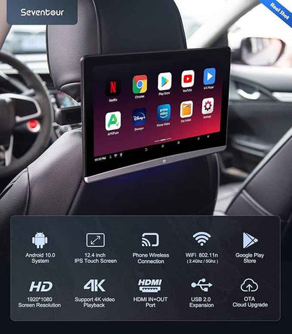 12.4" Android 4K Car TV Headrest Monitor Tablet for Back seat, Support Phone Wireless Connection Mirror Link Touchscreen Monitors,with WiFi/Bluetooth/HDMI/USB/SD/Airplay Video Player(2*pcs)
