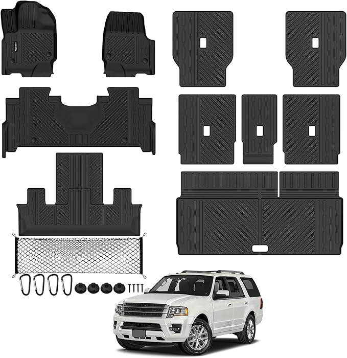 Tongama-Floor Mats for 2025 2026 Ford Expedition 7 Seats with 2nd Row Bucket Seats, All Weather TPE Trunk Mat and 2nd & 3rd Backrest Mats Protectors and Cargo Net for Ford Expedition Accessories