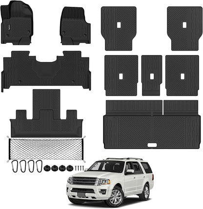 Tongama-Floor Mats for 2025 2026 Ford Expedition 7 Seats with 2nd Row Bucket Seats, All Weather TPE Trunk Mat and 2nd & 3rd Backrest Mats Protectors and Cargo Net for Ford Expedition Accessories