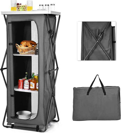 Goplus Folding Camping Storage Cabinet, Pop Up Outdoor Camping Kitchen Station with Large 3-Tier Storage Organizer, Carry Bag, Easy Set Up Portable Compact Camping Table for BBQ Picnic Backyard (55'')