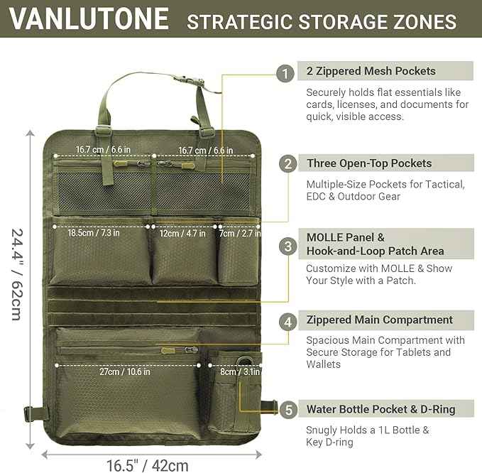 Tactical Car Seat Organizer with Multiple Pockets, MOLLE Panel System & Mesh Compartments, Durable Nylon Universal Vehicle Seat Back Storage with Cup Holder, Water-Resistant (Army Green)
